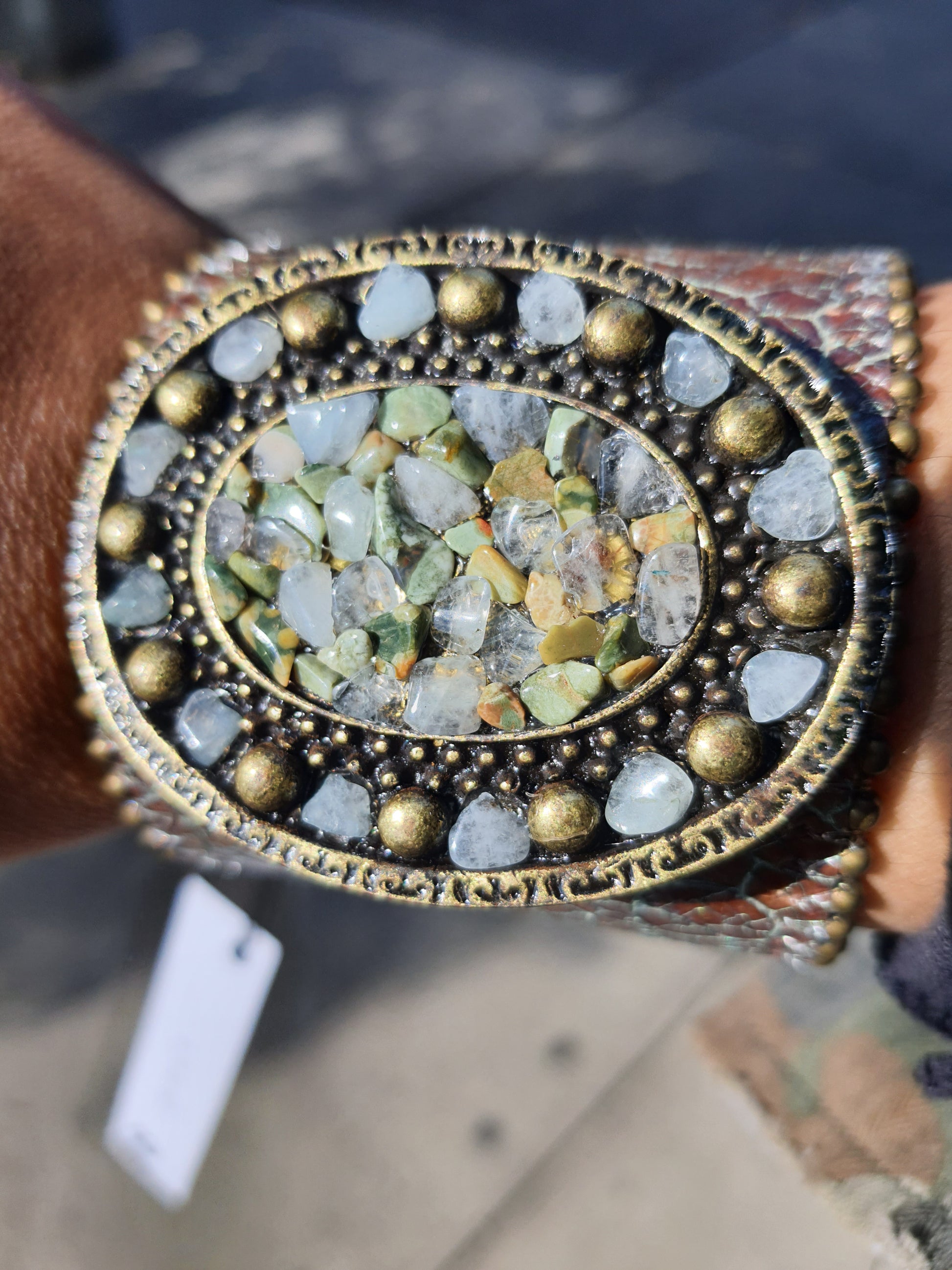 leather, jeweled bracelets, adjustable fit